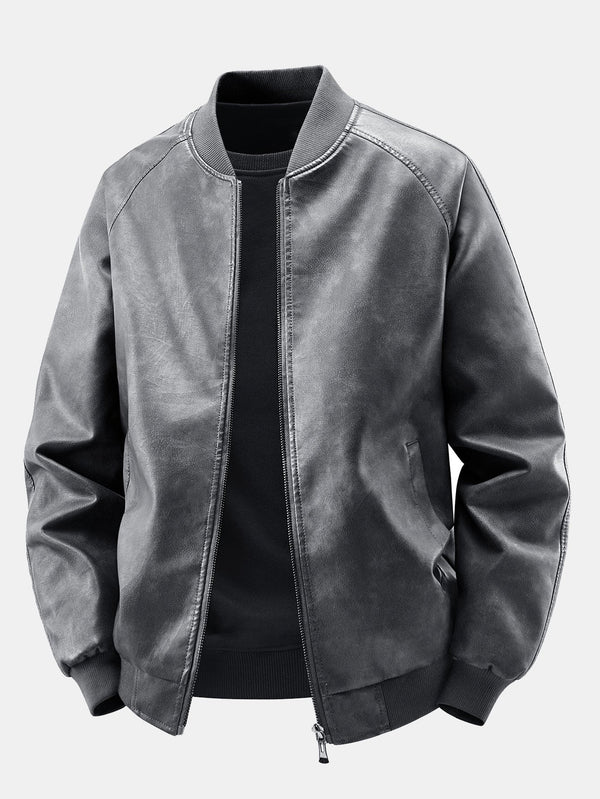 Fleece Lined Washed Distressed Leather Bomber Jacket